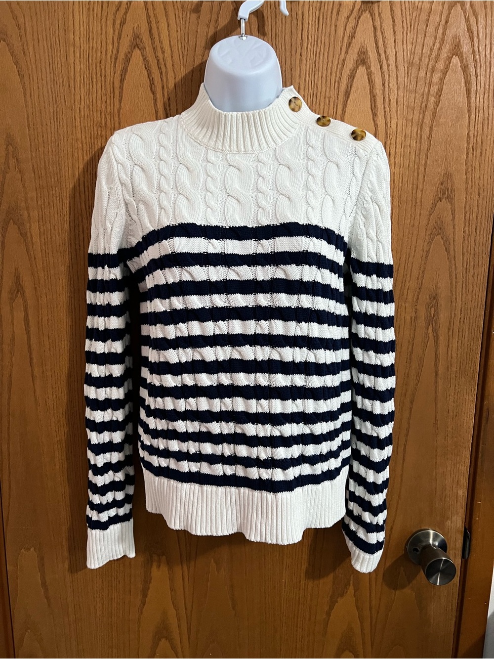 Lands' End White and Navy Striped Cable-Knit Button-Shoulder Sweater 100% Cotton